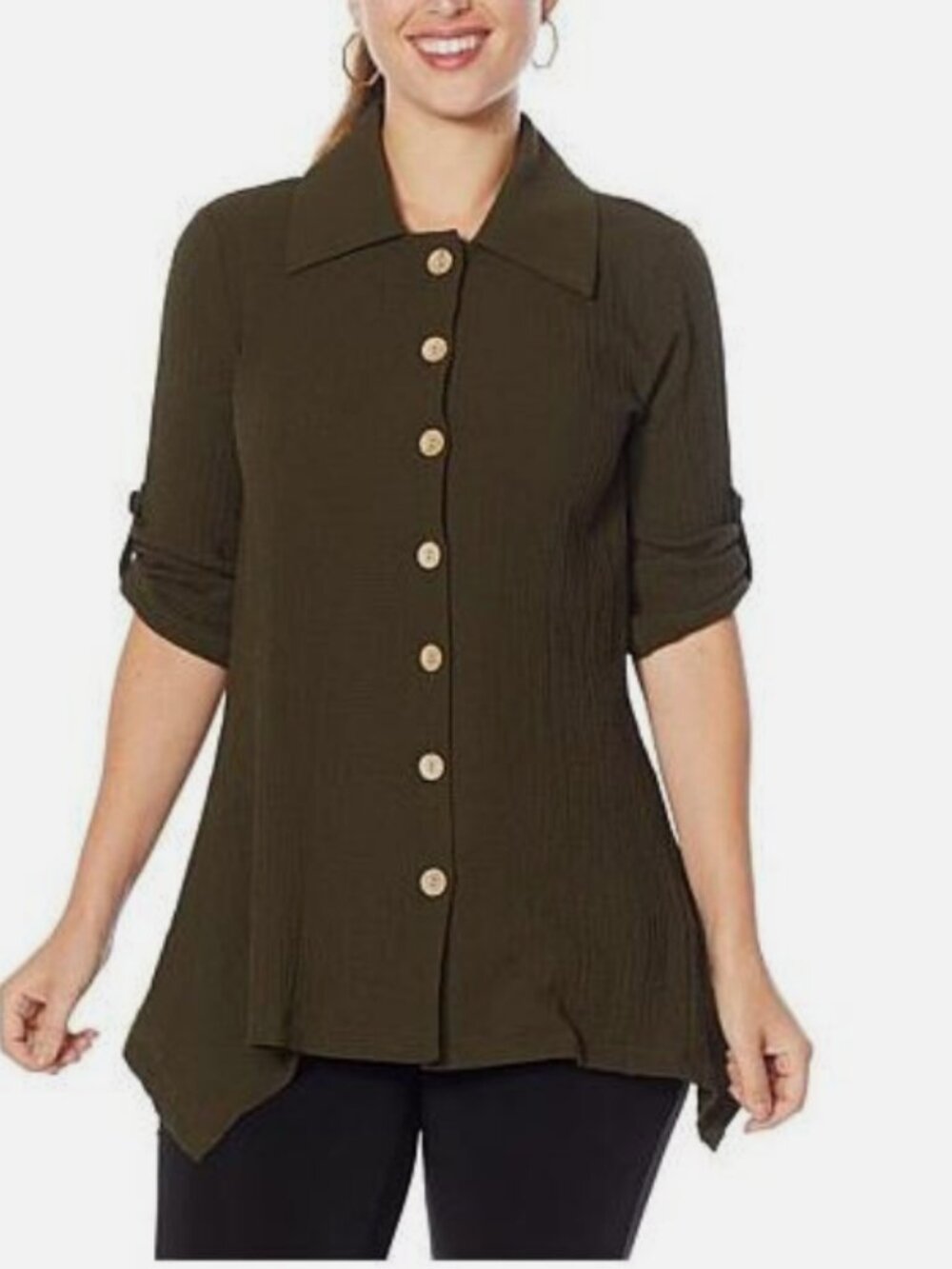 Nina Leonard Easy Stretch Textured Wrinkle Resistent Shirt Dark Olive 1X